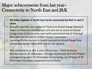Major achievements from last year–
Connectivity to North East and J&K
• All State Capitals in North East to be connected by Rail in next 5
years
• Brought Agartala, the capital of Tripura on Broad Gauge Network
• States of Mizoram and Manipur are also set to come on Broad
Gauge map of the country soon with commissioning of Kathakal-
Bhairabi and Arunachal-Jiribam Gauge Conversion
• Lumding-Silchar section in Assam opened on Broad Gauge thus
connecting Barak Valley with rest of the country
• Rail connectivity in J&K is also a focus area - Work on Katra-
Banihal section of Udhampur- Srinagar-Baramulla Rail Link Project
is progressing well ( 35 Kilometers of tunneling, out of total of 95
Kilometers has been completed successfully)
 