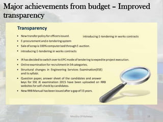 Ministry Of Railways 28
Major achievements from budget – Improved
transparency
 