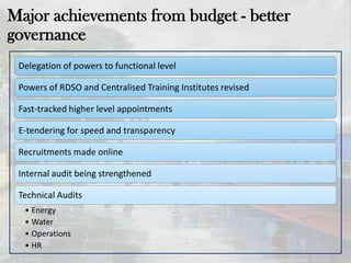 Delegation of powers to functional level
Powers of RDSO and Centralised Training Institutes revised
Fast-tracked higher level appointments
E-tendering for speed and transparency
Recruitments made online
Internal audit being strengthened
Technical Audits
• Energy
• Water
• Operations
• HR
Major achievements from budget - better
governance
 