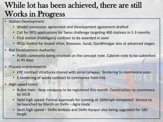 • Station Development:
• Model concession agreement and Development agreement drafted
• Call for RFQ applications for Swiss challenge targeting 400 stations in 2-3 months
• First station (Habibganj) contract to be awarded in soon
• RFQs invited for Anand Vihar, Bijwasan. Surat, Gandhinagar also at advanced stages.
• Rail Development Authority:
• Public comments being received on the concept note. Cabinet note to be submitted
in 45 days
• Process improvements
• EPC contract structures shared with zonal railways. Tendering to commence soon
• E-tendering of works contract to commence from Feb
• High speed trains
• Bullet train - New company to be registered this month. Construction to commence
by 2018
• Semi high speed: Formal approvals for running at 160Kmph completed. Service to
be launched by March on Delhi – Agra route
• Semi high speed – Delhi-Ambala and Delhi-Kanpur also being upgraded for 160
Kmph
While lot has been achieved, there are still
Works in Progress
 
