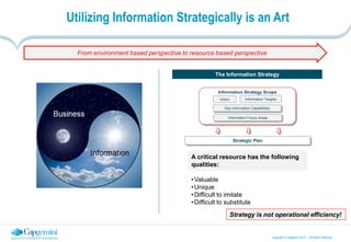 Copyright © Capgemini 2012 –. All Rights Reserved
Utilizing Information Strategically is an Art
Information Strategy Scope
Key Information Capabilities
Vision Information Targets
Strategic Plan
Information Focus Areas
A critical resource has the following
qualities:
•Valuable
•Unique
•Difficult to imitate
•Difficult to substitute
The Information Strategy
From environment based perspective to resource based perspective
Strategy is not operational efficiency!
 