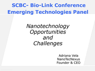 SCBC- Bio-Link Conference
          Emerging Technologies Panel

                      Nanotechnology
                       Opportunities
                           and
                        Challenges

                                Adriana Vela
                               NanoTecNexus
                               Founder & CEO

(overhead template)
 