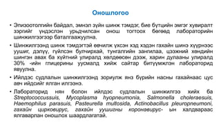 Оношлогоо
• Эпизоотолгийн байдал, эмнэл зүйн шинж тэмдэг, бие бүтцийн эмгэг хувиралт
зэргийг үндэслэн урьдчилсан онош тогтоох бөгөөд лабораторийн
шинжилгээгээр баталгаажуулна.
• Шинжилгээнд шинж тэмдэгтэй өвчилж үхсэн хэд хэдэн гахайн шинэ хүүрнээс
уушиг, дэлүү, гүйлсэн булчирхай, тунгалгийн зангилаа, цээжний хөндийн
шингэн авах ба хүйтний улиралд хөлдөөсөн дээж, харин дулааны улиралд
30% -ийн глицерины уусмалд хийж сайтар битүүмжлэн лабораторид
явуулна.
• Ийлдэс судлалын шинжилгээнд зориулж янз бүрийн насны гахайнаас цус
авч ийдсийг ялган илгээнэ.
• Лабораторид нян болон ийлдэс судлалын шинжилгээ хийх ба
Streptococcussuis, Mycoplasma hyopneumonia, Salmonella choleraesuis,
Haemophilus parasuis, Pasteurella multosida, Actinobacillus pleuropneumoni,
гахайн цирковирус, гахайн уушигны коронавирус- ын халдвараас
ялгаварлан оношлох шаардлагатай.
 