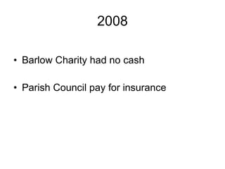 2008 Barlow Charity had no cash Parish Council pay for insurance  