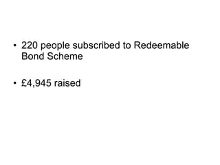 220 people subscribed to Redeemable Bond Scheme £4,945 raised 