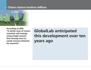 2     Citizen science involves millions




    According to IBM,
    “A whole class of citizen
    scientists will emerge
                                GlobalLab anticipated
    using simple sensors
    that already exist to
                                this development over ten
    create massive datasets
    for research”
                                years ago




    17.11.2011                  Инвестиционный Меморандум КОНФИДЕНЦИАЛЬНО
 
