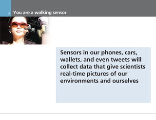 3     You are a walking sensor




                           Sensors in our phones, cars,
                           wallets, and even tweets will
                           collect data that give scientists
                           real-time pictures of our
                           environments and ourselves




    17.11.2011            Инвестиционный Меморандум КОНФИДЕНЦИАЛЬНО
 