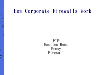 How Corporate Firewalls Work




               FTP
          Bastion Host
              Proxy
            Firewall
 