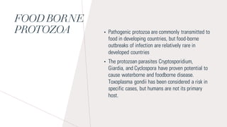 FOOD BORNE
PROTOZOA • Pathogenic protozoa are commonly transmitted to
food in developing countries, but food-borne
outbreaks of infection are relatively rare in
developed countries
• The protozoan parasites Cryptosporidium,
Giardia, and Cyclospora have proven potential to
cause waterborne and foodborne disease.
Toxoplasma gondii has been considered a risk in
specific cases, but humans are not its primary
host.
 
