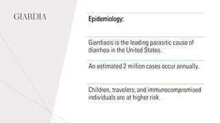 GIARDIA Epidemiology:
Giardiasis is the leading parasitic cause of
diarrhea in the United States.
An estimated 2 million cases occur annually.
Children, travelers, and immunocompromised
individuals are at higher risk.
 