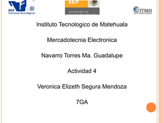 Instituto Tecnologico de Matehuala
Mercadotecnia Electronica
Navarro Torres Ma. Guadalupe
Actividad 4
Veronica Elizeth Segura Mendoza
7GA
 