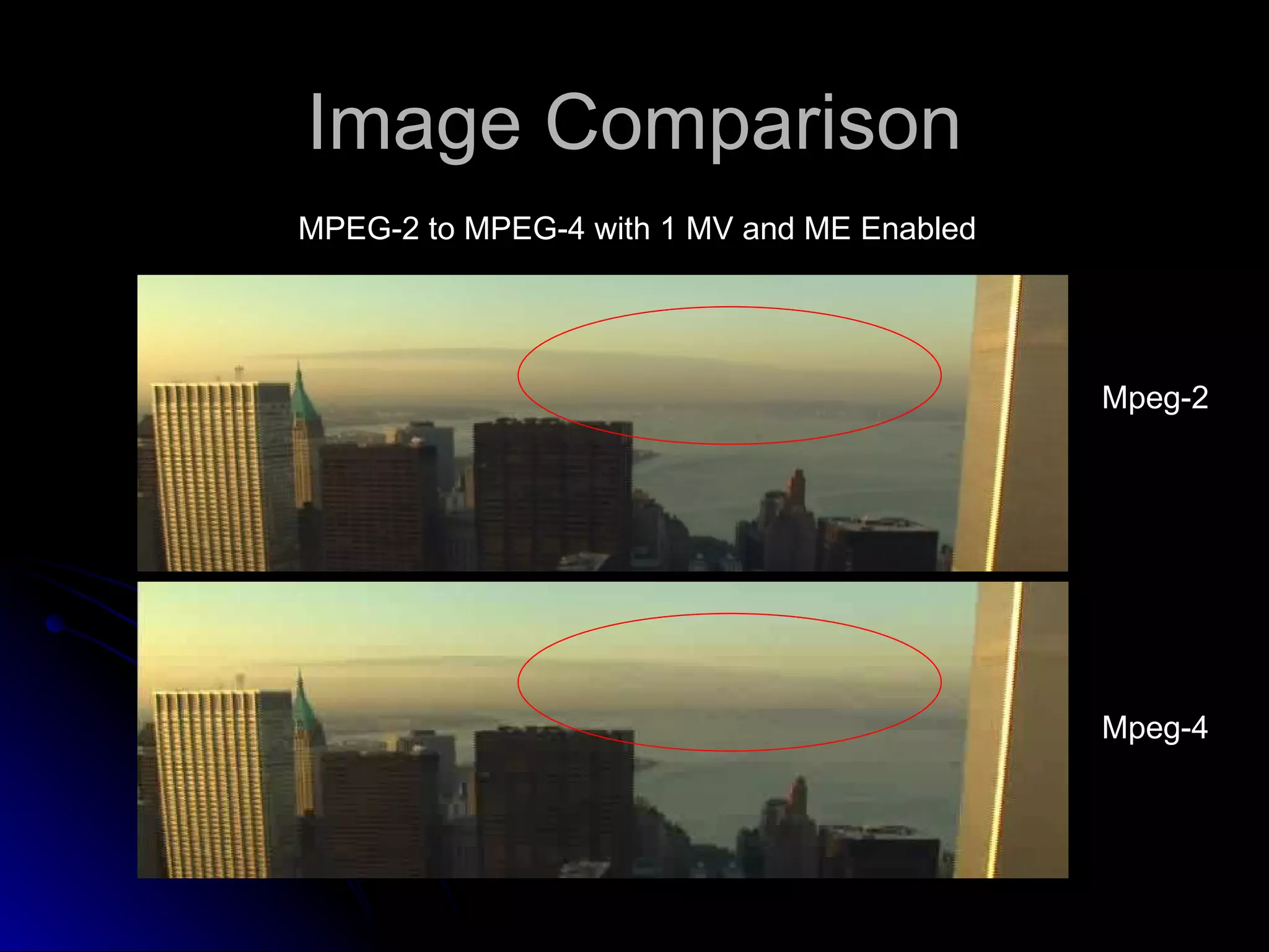 Image Comparison MPEG-2 to MPEG-4 with 1 MV and ME Enabled Mpeg-2 Mpeg-4 