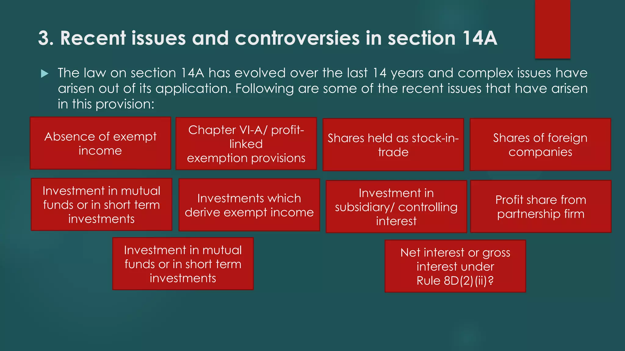 3. Recent issues and controversies in section 14A
 The law on section 14A has evolved over the last 14 years and complex issues have
arisen out of its application. Following are some of the recent issues that have arisen
in this provision:
Absence of exempt
income
Chapter VI-A/ profit-
linked
exemption provisions
Shares held as stock-in-
trade
Shares of foreign
companies
Investment in mutual
funds or in short term
investments
Investments which
derive exempt income
Investment in
subsidiary/ controlling
interest
Profit share from
partnership firm
Investment in mutual
funds or in short term
investments
Net interest or gross
interest under
Rule 8D(2)(ii)?
 