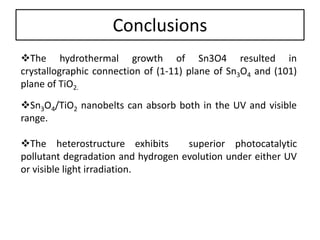 Conclusions
The hydrothermal growth of Sn3O4 resulted in
crystallographic connection of (1-11) plane of Sn3O4 and (101)
plane of TiO2.
Sn3O4/TiO2 nanobelts can absorb both in the UV and visible
range.
The heterostructure exhibits superior photocatalytic
pollutant degradation and hydrogen evolution under either UV
or visible light irradiation.
 