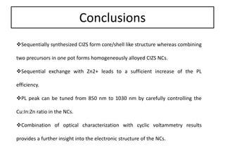 Conclusions
Sequentially synthesized CIZS form core/shell like structure whereas combining
two precursors in one pot forms homogeneously alloyed CIZS NCs.
Sequential exchange with Zn2+ leads to a sufficient increase of the PL
efficiency.
PL peak can be tuned from 850 nm to 1030 nm by carefully controlling the
Cu:In:Zn ratio in the NCs.
Combination of optical characterization with cyclic voltammetry results
provides a further insight into the electronic structure of the NCs.
 