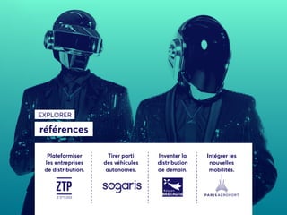 références
EXPLORER
15marches • 2019
Plateformiser
les entreprises
de distribution.
Tirer parti
des véhicules
autonomes.
Inventer la
distribution
de demain.
Intégrer les
nouvelles
mobilités.