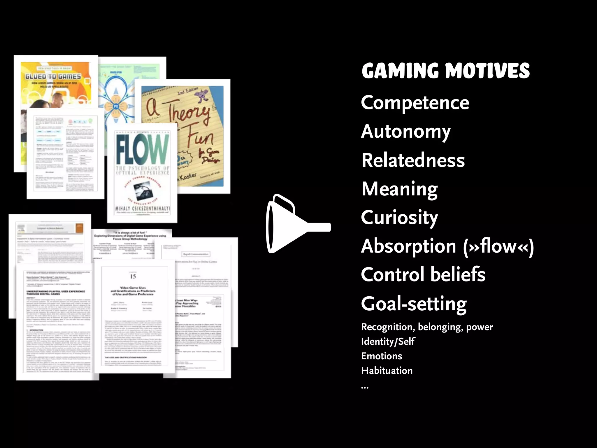 gaming motives
Competence
Autonomy
Relatedness
Meaning
Curiosity
Absorption (»flow«)
Control beliefs
Goal-setting
Recognition, belonging, power
Identity/Self
Emotions
Habituation
…
 