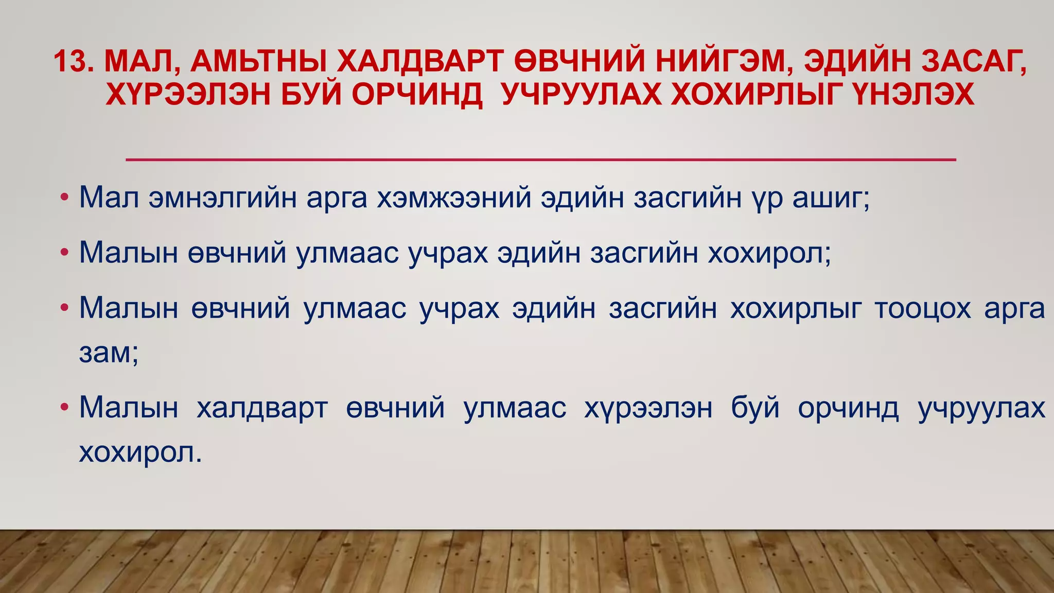 13. МАЛ, АМЬТНЫ ХАЛДВАРТ ӨВЧНИЙ НИЙГЭМ, ЭДИЙН ЗАСАГ,
ХҮРЭЭЛЭН БУЙ ОРЧИНД УЧРУУЛАХ ХОХИРЛЫГ ҮНЭЛЭХ
• Мал эмнэлгийн арга хэмжээний эдийн засгийн үр ашиг;
• Малын өвчний улмаас учрах эдийн засгийн хохирол;
• Малын өвчний улмаас учрах эдийн засгийн хохирлыг тооцох арга
зам;
• Малын халдварт өвчний улмаас хүрээлэн буй орчинд учруулах
хохирол.
 