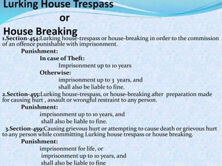 Lurking House Trespass
or
House Breaking1.Section-454:Lurking house-trespass or house-breaking in order to the commission
of an offence punishable with imprisonment.
Punishment:
In case of Theft:
Imprisonment up to 10 years
Otherwise:
imprisonment up to 3 years, and
shall also be liable to fine.
2.Section-455:Lurking house-trespass, or house-breaking after preparation made
for causing hurt , assault or wrongful restraint to any person.
Punishment:
imprisonment up to 10 years, and
shall also be liable to fine.
3.Section-459:Causing grievous hurt or attempting to cause death or grievous hurt
to any person while committing Lurking house trespass or house breaking.
Punishment:
imprisonment for life, or
imprisonment up to 10 years, and
shall also be liable to fine
 