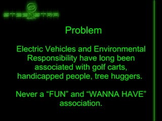 Electric Vehicles and Environmental Responsibility have long been associated with golf carts, handicapped people, tree huggers.  Never a “FUN” and “WANNA HAVE” association. Problem 
