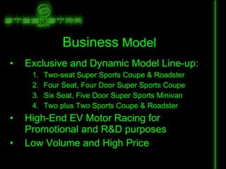 Exclusive and Dynamic Model Line-up: Two-seat Super Sports Coupe & Roadster Four Seat, Four Door Super Sports Coupe Six Seat, Five Door Super Sports Minivan Two plus Two Sports Coupe & Roadster High-End EV Motor Racing for Promotional and R&D purposes Low Volume and High Price Business  Model 
