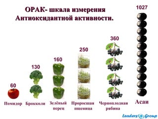 ОРАК- шкала измеренияОРАК- шкала измерения
Антиоксидантной активности.Антиоксидантной активности.
Брокколи Зелёный
перец
Проросшая
пшеница
Черноплодная
рябина
АсаиПомидор
130
60
160
250
360
1027
 