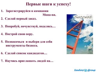 Первые шаги к успеху!
1. Зарегистрируйся в компании
Мона-ви.
2. Сделай первый заказ.
3. Попробуй, почувствуй, поделись…
4. Построй свою веру.
5. Познакомься и выбери для себя
инструменты бизнеса.
6. Сделай список кандидатов…
7. Научись приглашать людей на…
 
