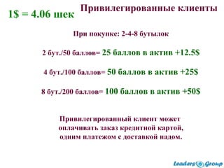 Привилегированные клиенты
При покупке: 2-4-8 бутылок
2 бут./50 баллов= 25 баллов в актив +12.5$
4 бут./100 баллов= 50 баллов в актив +25$
8 бут./200 баллов= 100 баллов в актив +50$
Привилегированный клиент может
оплачивать заказ кредитной картой,
одним платежом с доставкой надом.
1$ = 4.06 шек
 