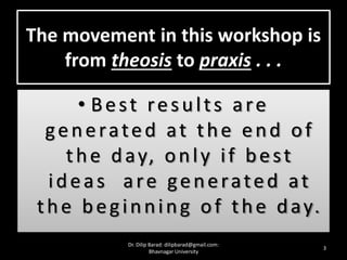 The movement in this workshop is
from theosis to praxis . . .
• Best results are
generated at the end of
the day, only if best
ideas are generated at
the beginning of the day.
3
Dr. Dilip Barad: dilipbarad@gmail.com:
Bhavnagar University
 