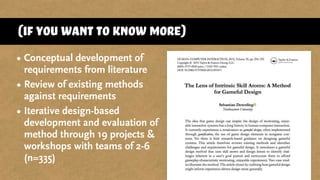 (if you want to know more)
• Conceptual development of
requirements from literature
• Review of existing methods
against requirements
• Iterative design-based
development and evaluation of
method through 19 projects &
workshops with teams of 2-6
(n=335)
 