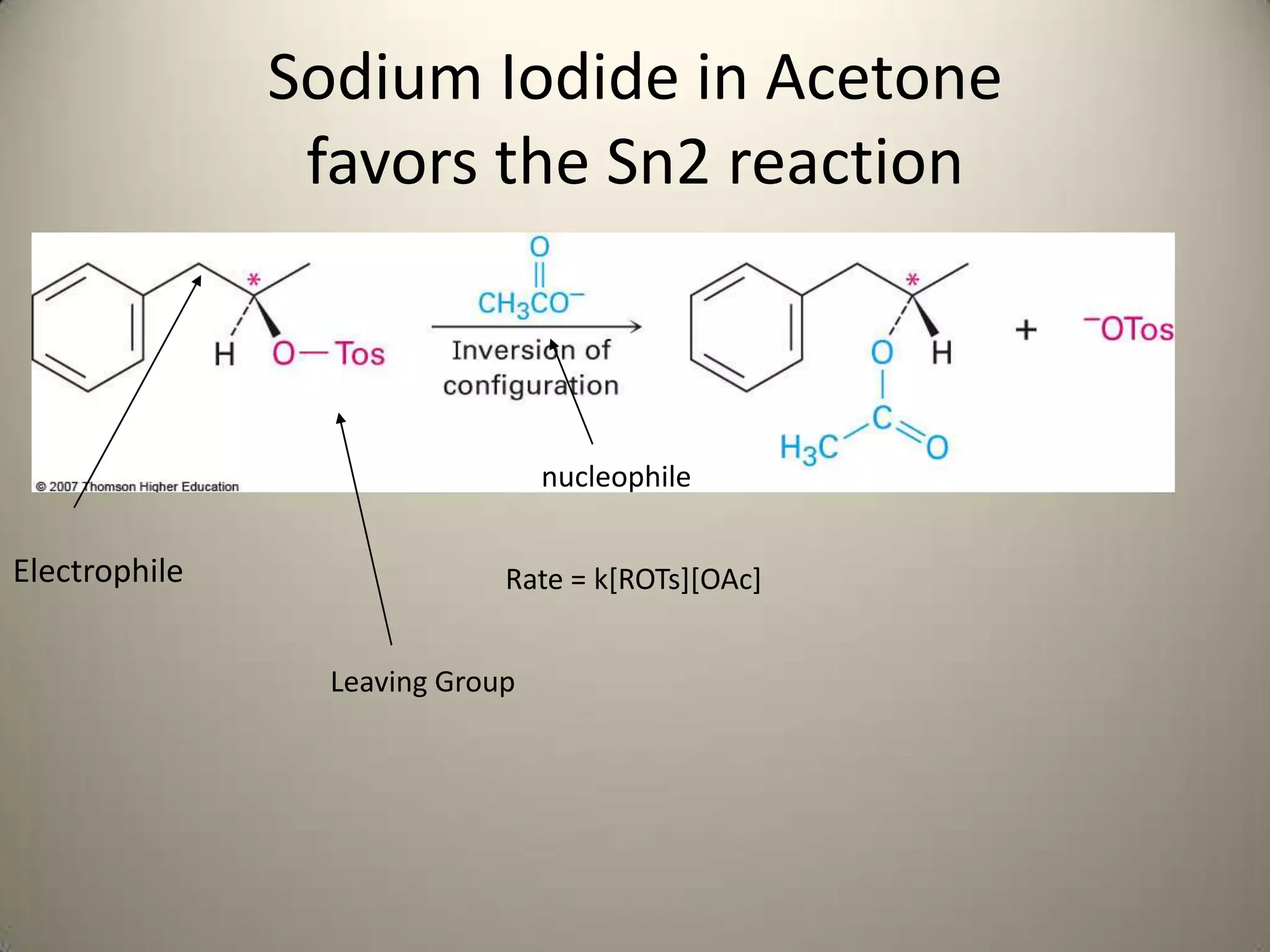 Sodium Iodide in Acetone
                favors the Sn2 reaction



                                 nucleophile


Electrophile                 Rate = k[ROTs][OAc]


                 Leaving Group
 