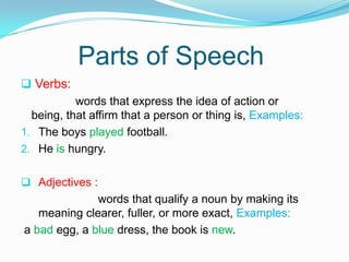 Parts of Speech
 Verbs:
words that express the idea of action or
being, that affirm that a person or thing is, Examples:
1. The boys played football.
2. He is hungry.
 Adjectives :
words that qualify a noun by making its
meaning clearer, fuller, or more exact, Examples:
a bad egg, a blue dress, the book is new.
 