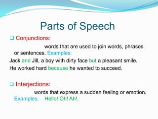 Parts of Speech
 Conjunctions:
words that are used to join words, phrases
or sentences. Examples:
Jack and Jill, a boy with dirty face but a pleasant smile.
He worked hard because he wanted to succeed.
 Interjections:
words that express a sudden feeling or emotion.
Examples: Hello! Oh! Ah!.
 