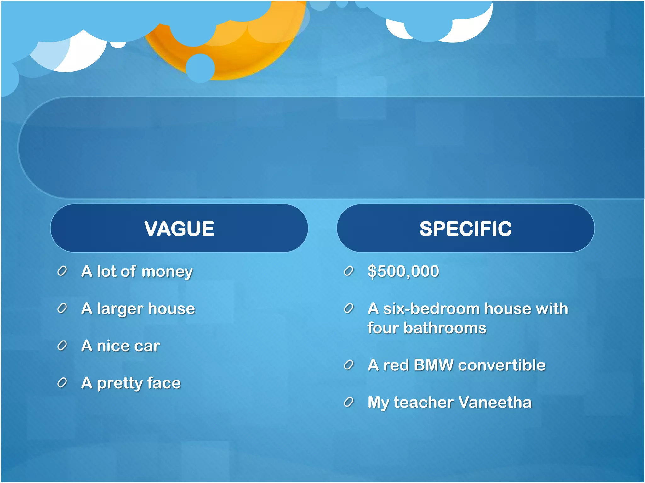 VAGUE

SPECIFIC

A lot of money

$500,000

A larger house

A six-bedroom house with
four bathrooms

A nice car
A pretty face

A red BMW convertible
My teacher Vaneetha

 