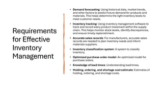 Requirements
for Effective
Inventory
Management
• Demand forecasting: Using historical data, market trends,
and other factors to predict future demand for products and
materials. This helps determine the right inventory levels to
meet customer needs.
• Inventory tracking: Using inventory management software to
track and record every product movement within the supply
chain. This helps monitor stock levels, identify discrepancies,
and ensure timely replenishment.
• Accurate sales records: For manufacturers, accurate sales
records are needed to plan inventory needs and inform
materials suppliers.
• Inventory classification system: A system to classify
inventory.
• Optimized purchase order model: An optimized model for
purchase orders.
• Knowledge of lead times: Understanding lead times.
• Holding, ordering, and shortage cost estimate: Estimates of
holding, ordering, and shortage costs.
 
