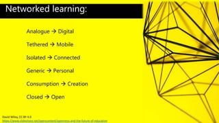 Analogue  Digital
Tethered  Mobile
Isolated  Connected
Generic  Personal
Consumption  Creation
Closed  Open
David Wiley, CC:BY 4.0
https://www.slideshare.net/opencontent/openness-and-the-future-of-education
Networked learning:
 