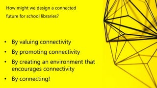 How might we design a connected
future for school libraries?
• By valuing connectivity
• By promoting connectivity
• By creating an environment that
encourages connectivity
• By connecting!
 