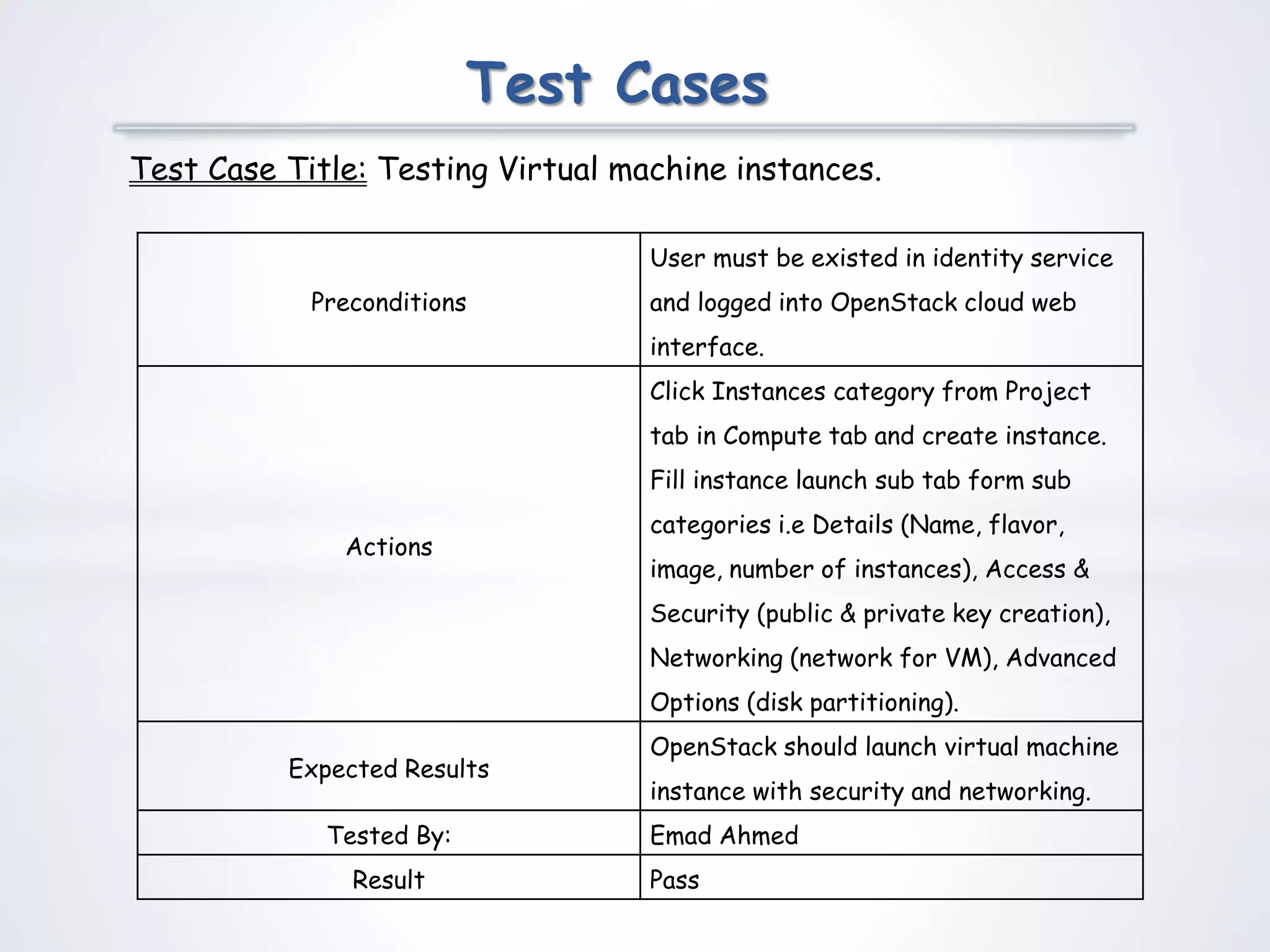 Test Cases
Test Case Title: Testing Virtual machine instances.
Preconditions
User must be existed in identity service
and logged into OpenStack cloud web
interface.
Actions
Click Instances category from Project
tab in Compute tab and create instance.
Fill instance launch sub tab form sub
categories i.e Details (Name, flavor,
image, number of instances), Access &
Security (public & private key creation),
Networking (network for VM), Advanced
Options (disk partitioning).
Expected Results
OpenStack should launch virtual machine
instance with security and networking.
Tested By: Emad Ahmed
Result Pass
 