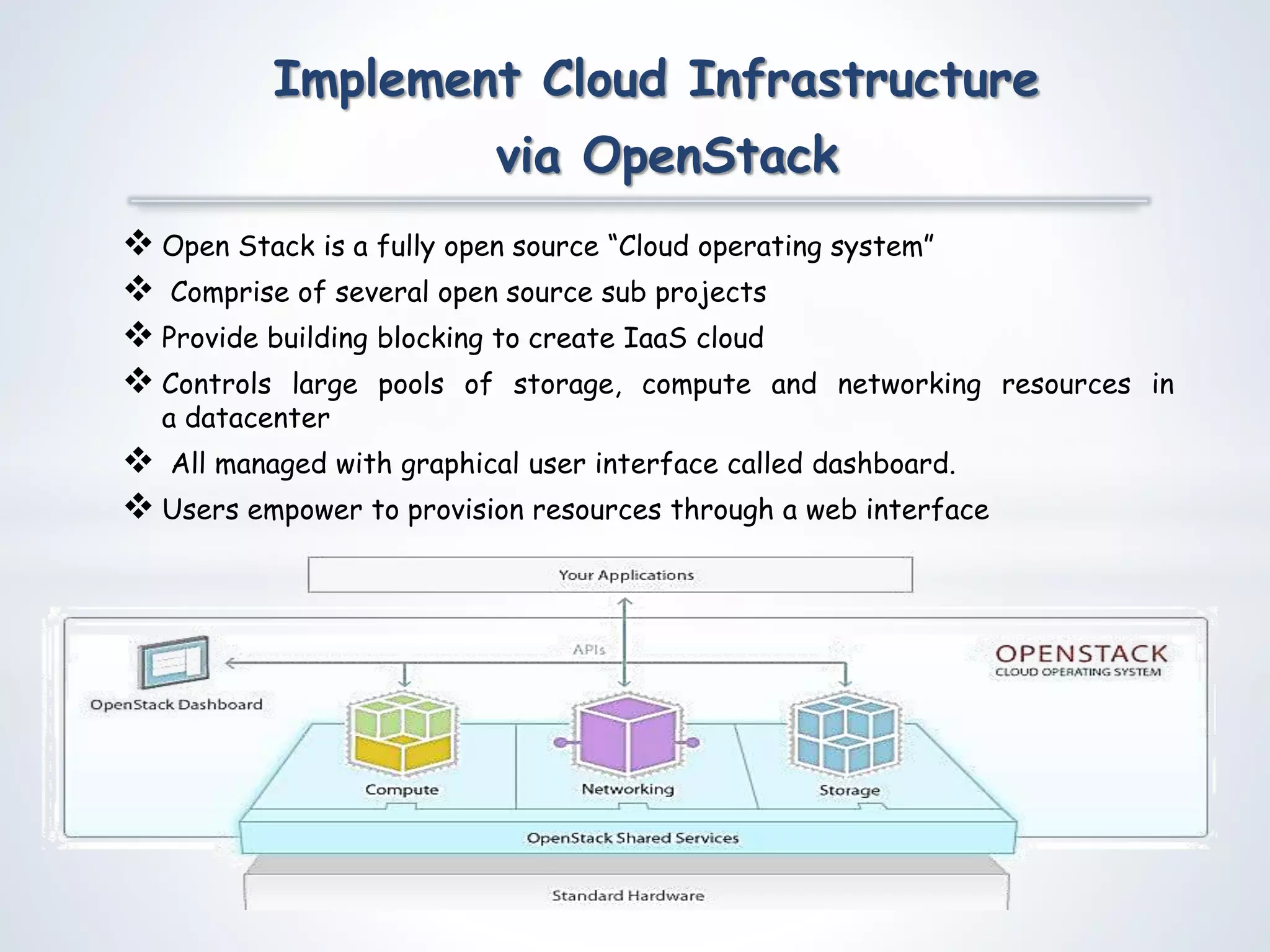  Open Stack is a fully open source “Cloud operating system”
 Comprise of several open source sub projects
 Provide building blocking to create IaaS cloud
 Controls large pools of storage, compute and networking resources in
a datacenter
 All managed with graphical user interface called dashboard.
 Users empower to provision resources through a web interface
Implement Cloud Infrastructure
via OpenStack
 