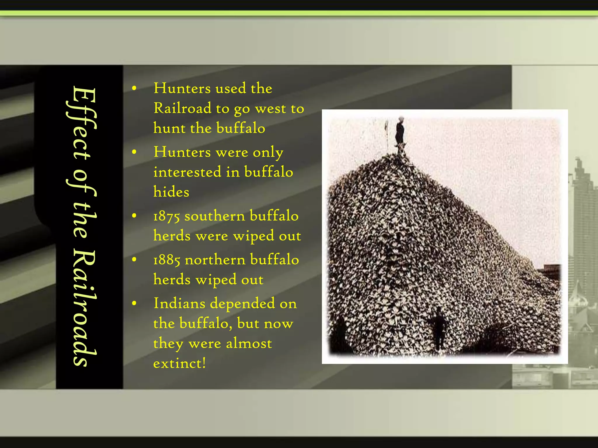 Effect of the Railroads

• Hunters used the
Railroad to go west to
hunt the buffalo
• Hunters were only
interested in buffalo
hides
• 1875 southern buffalo
herds were wiped out
• 1885 northern buffalo
herds wiped out
• Indians depended on
the buffalo, but now
they were almost
extinct!

 