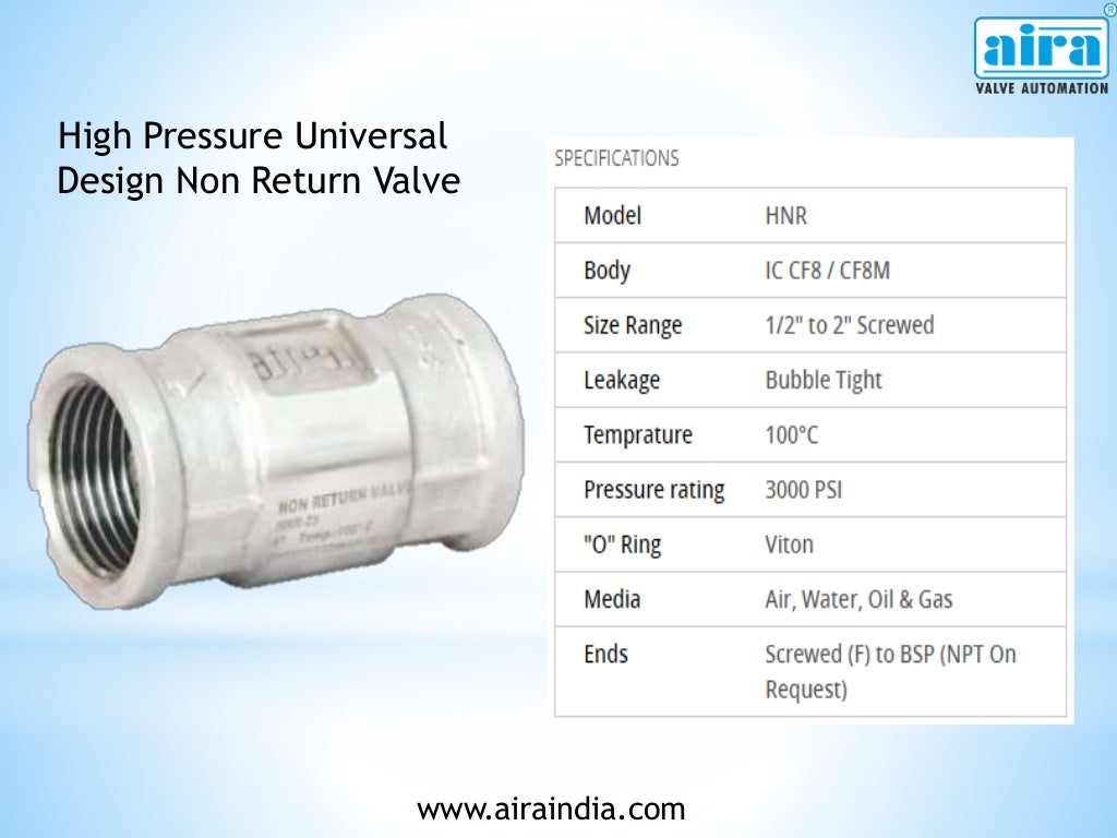 www.airaindia.com
High Pressure Universal
Design Non Return Valve
 
