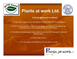 Plants at work Ltd.Plants at work Ltd.
A fresh approach to plantsA fresh approach to plants..
We provide a range of Live and Replica Tropical Plant and Floral displays.We provide a range of Live and Replica Tropical Plant and Floral displays.
With 20 years experience interior landscaping, our displays will enhance anyWith 20 years experience interior landscaping, our displays will enhance any
working environment, creating points of visual interest.working environment, creating points of visual interest.
Our dedicated maintenance teams, achieve a service that is second to none at aOur dedicated maintenance teams, achieve a service that is second to none at a
realistic price.realistic price.
Nationwide service.Nationwide service.
We can make a real difference at your place of work.We can make a real difference at your place of work.
 