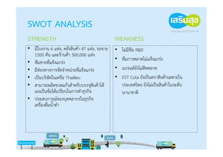 SWOT ANALYSIS
STRENGTH                                       WEAKNESS
• มีโรงงาน 6 แห่ง, คลังสินค้า 47 แห่ง, รถขาย   •   ไม่มีทีม R&D
  1500 คัน และร้านค้า 300,000 แห่ง
                                               •   ทีมการตลาดไม่แข็งแกร่ง
• ทีมขายที่แข็งแกร่ง
• มีช่องทางการจัดจําหน่ายที่แข็งแกร่ง          •   แบรนด์ยังไม่ติดตลาด
• เป็นบริษัทในเครือ ThaiBev                    •   EST Cola ยังเป็นตราสินค้าเฉพาะใน
• สามารถผลิตขวดแก้วสําหรับบรรจุสินค้าได้           ประเทศไทย ยังไม่เป็นสินค้าในระดับ
  เองเป็นข้อได้เปรียบในการทําธุรกิจ                นานาชาติ
• ประสบการณ์ของบุคคลากรในธุรกิจ
  เครื่องดื่มน้ําดํา
 