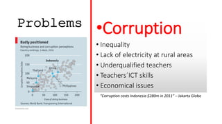Problems •Corruption
• Inequality
• Lack of electricity at rural areas
• Underqualified teachers
• Teachers´ICT skills
• Economical issues
”Corruption costs Indonesia $280m in 2011” – Jakarta Globe
 