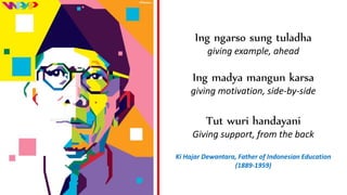 Ing ngarso sung tuladha
giving example, ahead
Ing madya mangun karsa
giving motivation, side-by-side
Tut wuri handayani
Giving support, from the back
Ki Hajar Dewantara, Father of Indonesian Education
(1889-1959)
 