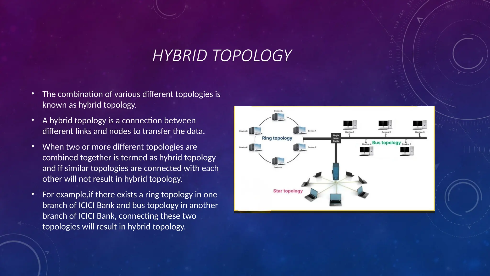 HYBRID TOPOLOGY
• The combination of various different topologies is
known as hybrid topology.
• A hybrid topology is a connection between
different links and nodes to transfer the data.
• When two or more different topologies are
combined together is termed as hybrid topology
and if similar topologies are connected with each
other will not result in hybrid topology.
• For example,if there exists a ring topology in one
branch of ICICI Bank and bus topology in another
branch of ICICI Bank, connecting these two
topologies will result in hybrid topology.
 
