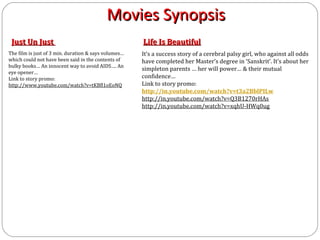 Movies Synopsis
 Just Un Just                                         Life Is Beautiful
The film is just of 3 min. duration & says volumes…   It’s a success story of a cerebral palsy girl, who against all odds
which could not have been said in the contents of     have completed her Master’s degree in ‘Sanskrit’. It’s about her
bulky books… An innocent way to avoid AIDS…. An
                                                      simpleton parents … her will power… & their mutual
eye opener…
Link to story promo:                                  confidence…
http://www.youtube.com/watch?v=tKBfl1oEoNQ            Link to story promo:
                                                      http://in.youtube.com/watch?v=t3a2BblPILw
                                                      http://in.youtube.com/watch?v=Q3B1270rHAs
                                                      http://in.youtube.com/watch?v=xqhU-HWq0ug
 