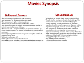 Movies Synopsis

     Delinquent Dancers                                                                  Get Up Stand Up
They walk the tightrope between right and wrong.                         Surrounding the nuclear power projects, the world over.
They are hungry for recognition, fame and respect.                       Though this film is set particularly in the back drop of the
They are immensely gifted but absolutely raw.                            Kudankulam Nuclear Power Project and the people’s
Their special gift is street smarts and the art of survival.             struggle against it, it raises almost all of the questions
They are impatient and all charged up to grab their share of what is     regarding the safety of nuclear plants, development and its
theirs if they win the race of a lifetime.                               imposition on a people, alternate sources of energy and
These 9 boys with a misspent childhood, in a juvenile home run by a      their contribution to the total energy needs, the lack of
tyrant warden will dance for passion, for hope and for their dreams to   scientific know-how in disposing nuclear waste, the
come true.                                                               dependence on foreign resources in the running of a nuclear
Exorcising their past demons, the 9 boys who society has written off,    power plant anywhere in the Third World countries, the ups
reach out for the stars.                                                 and downs of the People’s Movement Against Nuclear
Will their rebellion pay off?                                            Energy (PMANE), in Kudankulam etc, etc.
Will they become masters of their destinies?                             http://www.youtube.com/watch?
http://www.youtube.com/watch?v=IplHMojW8Mw&feature=youtu.be              v=TONDILRfEo8&feature=youtu.be
 