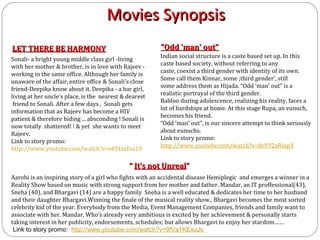Movies Synopsis
LET THERE BE HARMONY                                    "Odd 'man' out"
                                                        Indian social structure is a caste based set up. In this
Sonali- a bright young middle class girl -living
                                                        caste based society, without referring to any
with her mother & brother, is in love with Rajeev -
                                                        caste, coexist a third gender with identity of its own.
working in the same office. Although her family is
                                                        Some call them Kinnar, some ;third gender’, still
unaware of the affair, entire office & Sonali's close
                                                        some address them as Hijada. “Odd ‘man’ out” is a
friend-Deepika know about it. Deepika - a bar girl,
                                                        realistic portrayal of the third gender.
living at her uncle's place, is the nearest & dearest
                                                        Babloo during adolescence, realizing his reality, faces a
 friend to Sonali. After a few days , Sonali gets
                                                        lot of hardships at home. At this stage Rupa, an eunuch,
information that as Rajeev has become a HIV
                                                        becomes his friend.
patient & therefore hiding ... absconding ! Sonali is
                                                        “Odd ‘man’ out”, is our sincere attempt to think seriously
now totally shattered! ! & yet she wants to meet
                                                        about eunuchs.
Rajeev.
                                                        Link to story promo:
Link to story promo:
                                                        http://www.youtube.com/watch?v=drY92aRinpY
http://www.youtube.com/watch?v=eFFtzaEia10

                                              “ It’s not Unreal”
Aarohi is an inspiring story of a girl who fights with an accidental disease Hemiplegic and emerges a winner in a
Reality Show based on music with strong support from her mother and father. Mandar, an IT proffessional(43),
Sneha (40), and Bhargavi (14) are a happy family Sneha is a well educated & dedicates her time to her husband
and their daughter Bhargavi.Winning the finale of the musical reality show,. Bhargavi becomes the most sorted
celebrity kid of the year. Everybody from the Media, Event Management Companies, friends and family want to
associate with her. Mandar, Who’s already very ambitious is excited by her achievement & personally starts
taking interest in her publicity, endorsements, schedules; but allows Bhargavi to enjoy her stardom……
 Link to story promo: http://www.youtube.com/watch?v=9fVa1KExuJs
 