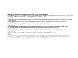 •   Pengertian Dan Jenis/Macam Air Permukaan Dan Air Tanah - Preatis, Artesis, Darat & Laut
•   Fri, 11/04/2008 - 12:42am — godam64 Air merupakan sumber kehidupan yang tidak dapat tergantikan oleh apa pun juga. Tanpa air manusia, hewan
    dan tanaman tidak akan dapat hidup. Air di bumi dapat digolongkan menjadi dua, yaitu :
•   1. Air Tanah
•   Air tanah adalah air yang berada di bawar permukaan tanah. Air tanah dapat kita bagi lagi menjadi dua, yakni air tanah preatis dan air tanah artesis.
•   a. Air Tanah Preatis
    Air tanah preatis adalah air tanah yang letaknya tidak jauh dari permukaan tanah serta berada di atas lapisan kedap air / impermeable.
•   b. Air Tanah Artesis
    Air tanah artesis letaknya sangat jauh di dalam tanah serta berada di antara dua lapisan kedap air.
•   2. Air Permukaan
•   Air pemukaan adalah air yang berada di permukaan tanah dan dapat dengan mudah dilihat oleh mata kita. Contoh air permukaan seperti
    laut, sungai, danau, kali, rawa, empang, dan lain sebagainya. Air permukaan dapat dibedakan menjadi dua jenis yaitu :
•   a. Perairan Darat
    Perairan darat adalah air permukaan yang berada di atas daratan misalnya seperti rawa-rawa, danau, sungai, dan lain sebagainya.
•   b. Perairan Laut
    Perairan laut adalah air permukaan yang berada di lautan luas. Contohnya seperti air laut yang berada di laut.
•   -----
•   Tambahan :
    Di kota besar umumnya penggunaan air tanah dan air permukaan oleh kalangan bisnis dikenakan pajak pengambilan air bawah tanah dan air
    permukaan untuk membatasi penggunaan air yang membabi-buta demi menjaga kondisi dan kestabilan lingkungan. Informasi mengenai pajak air
    bawah tanah bisa dicari di situs organisasi.org ini dengan bantuan mesin pencari situs web ini.
 